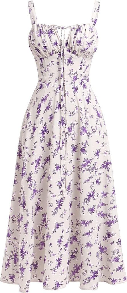 ASKSA Damen Sommer y aermellos Spaghettitraeger Boho Blumen Lang Kleid mit Schlitz (Lila,L)