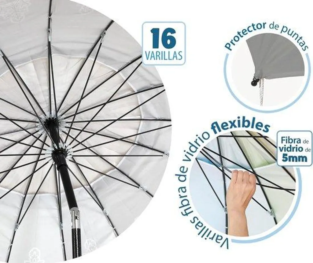 Parasol 240 cm Anti-UV Protection 50+ - Design Mandala Blanc et Gris