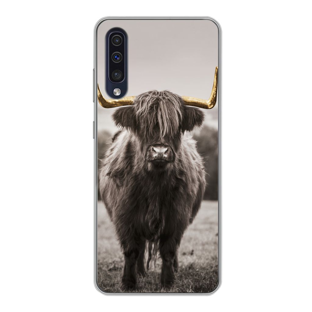 MuchoWow Handyhülle Schutzhülle Hülle für Samsung Galaxy A30s Schottischer Highlander - Gold - Hörner Silikon Softcase Handy Hülle - Karten...