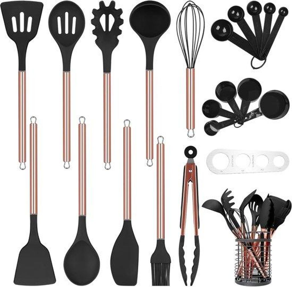 Silikon- und Stahl-Kochgeschirr-Set mit Halterung - 22 Teile - Schwarz - Silikon und Edelstahl