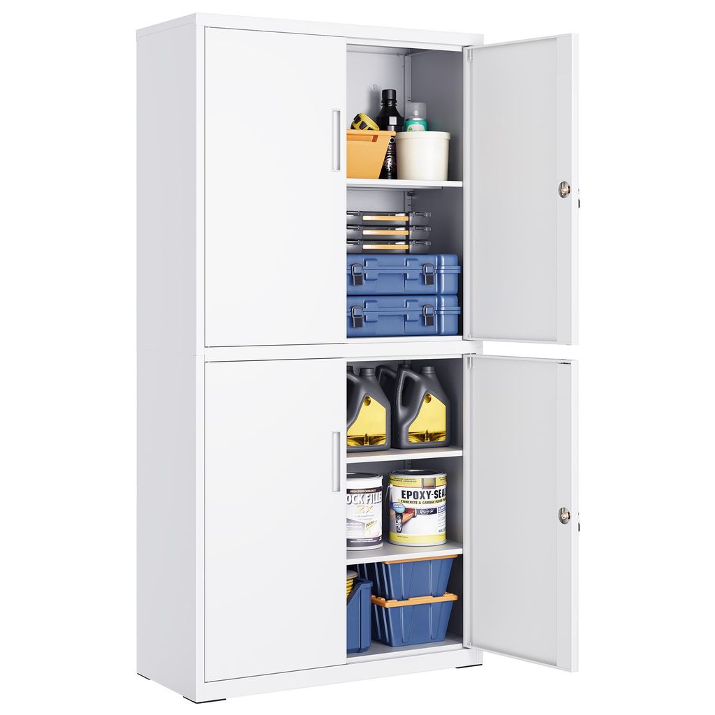 A white metal storage cabinet with multiple shelves and doors, some of which are open, displaying various items inside.