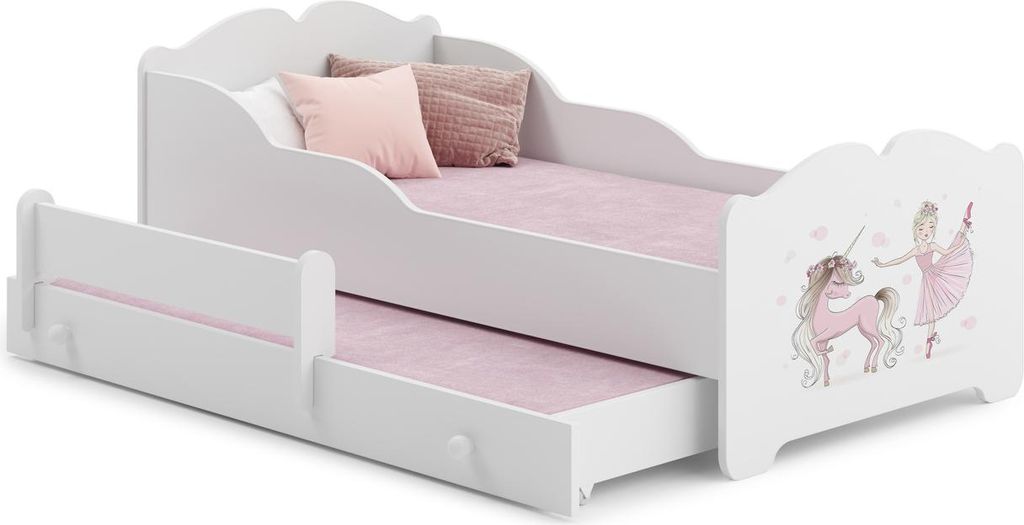 Kinderbett ANNA 160x80 für Mädchen – Doppelbett mit Einhorn-Motiv, inklusive 2 Matratzen und Schublade, Weiß, sicher und komfortabel