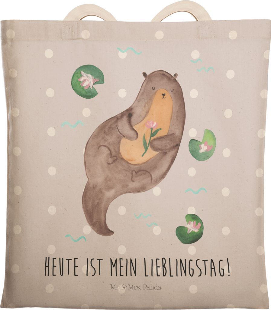 Mr. & Mrs. Panda Tote Bag Otter Seerose - Grau Pastell - Geschenk, Einkaufstasche, Wasser, Fluss, Seeotter, Stofftragetasche, shopping, Beutel, Tas...