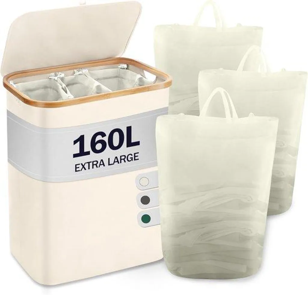 Panier linge bambou 3 compartiments 160L : fini le tri, couvercle beige