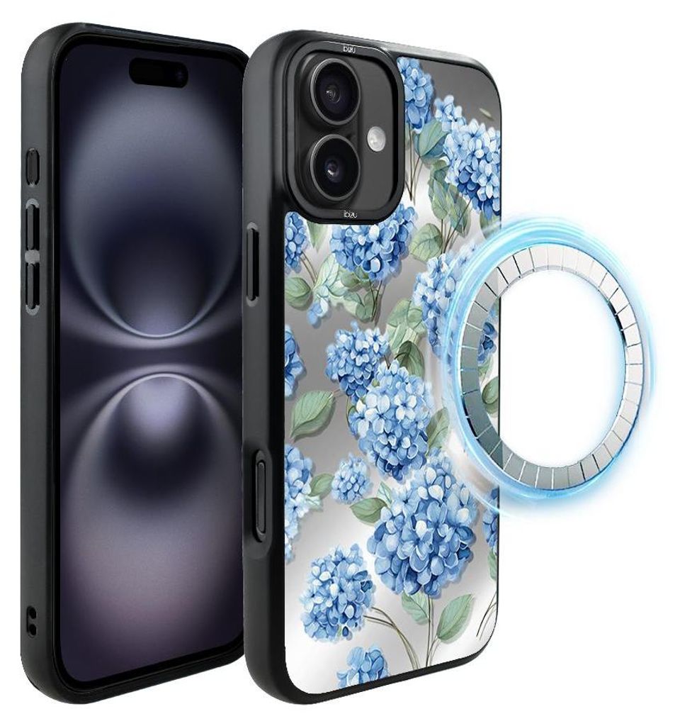 Schutzhülle für das iPhone 16, MagSafe-kompatibel, mattschwarze Seiten, Hortensienblüten