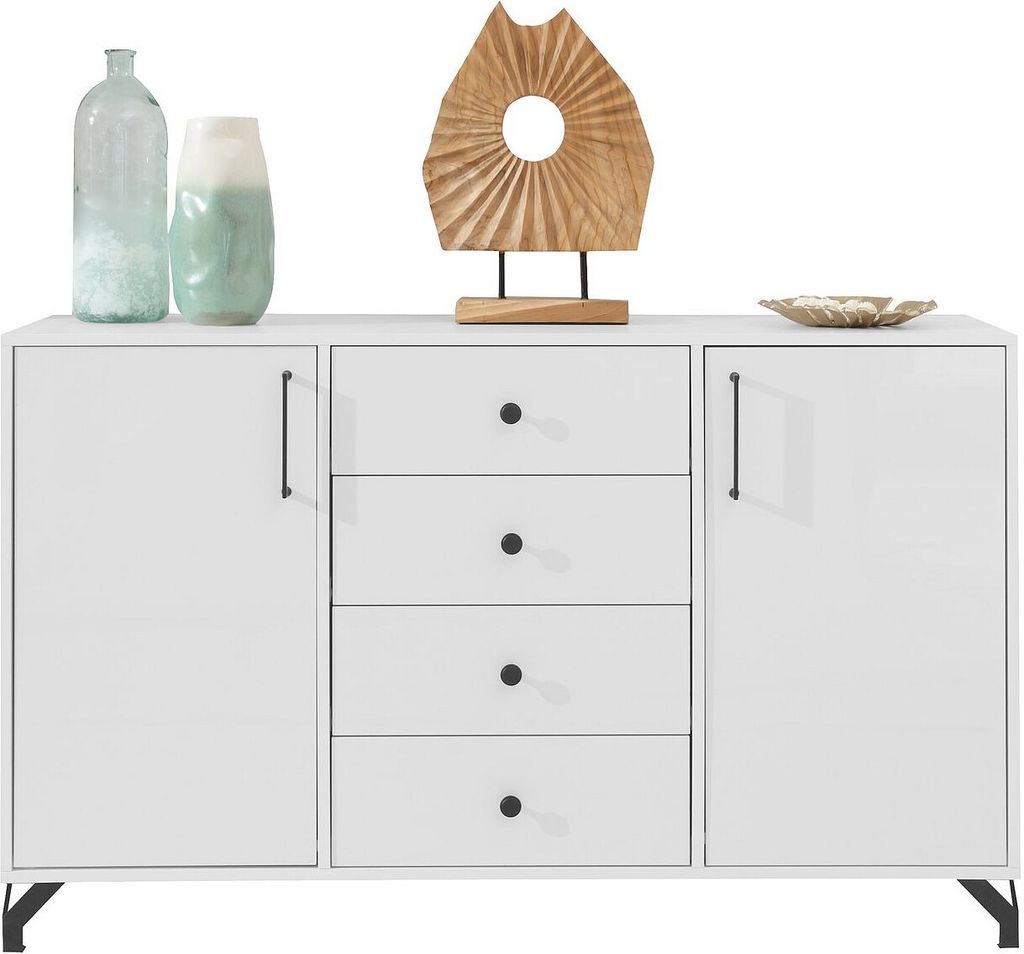 Furniture24 Sideboard Bergen BE6 Kommode 2 Türiger 4 Hochganz Weiß Wohnzimmerschrank Schlafzimmer
