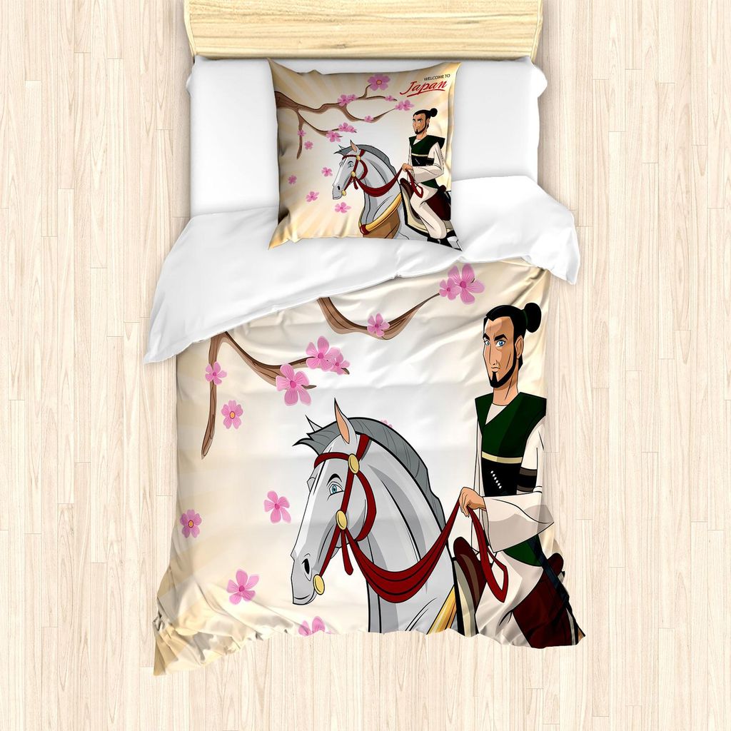 ABAKUHAUS Samurai Bettbezug Set, Traditioneller mittelalterlicher Kleidungs-tragender Mann auf einem Pferd mit blühender Kirschblüte-Niederlassun...