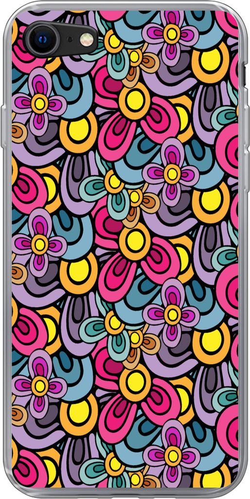 MuchoWow Handyhülle Schutzhülle Hülle für Telefoonhoesje iPhone SE 2020 Diagramm - Hippie - Blumen - Lila Silikon Softcase Handy Hülle - Kar...