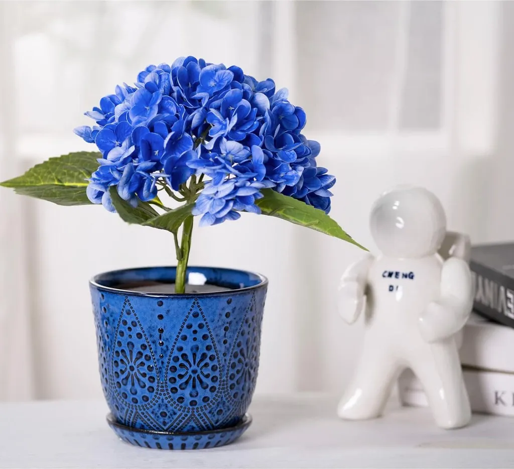 Pots de fleurs avec drainage et soucoupe, set de 2 pots 15 cm en céramique