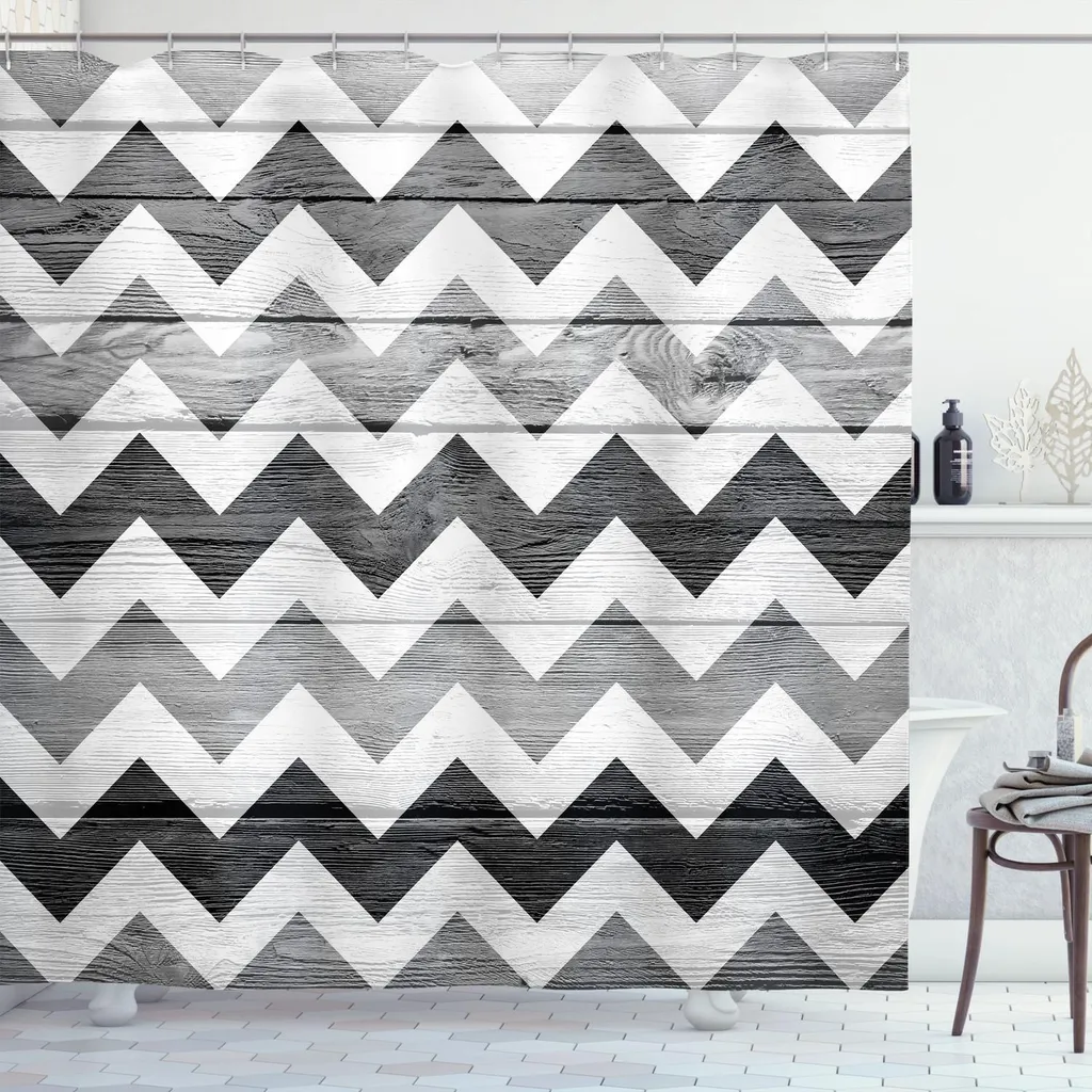 Tenda Doccia 175x180 cm ABAKUHAUS Grigio Bianco Zigzag