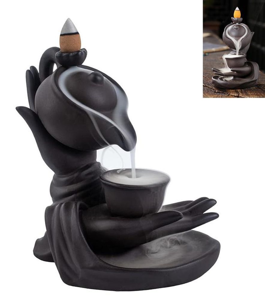 Buddha Hand Räucherstäbchen-Wasserfall – 100 Kegel (10 Düfte), Keramik, Fließender Rauch – Für Meditation, Yoga, Zuhause & Büro