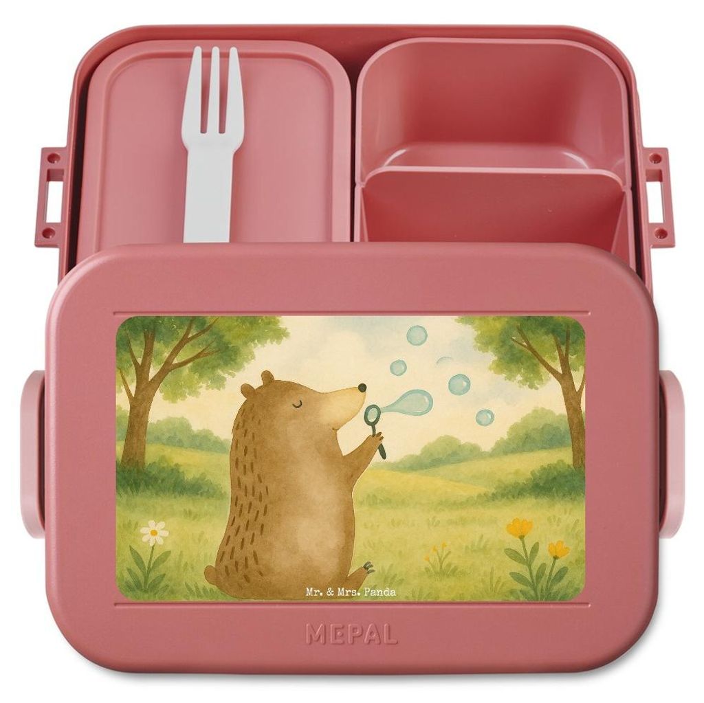 Mr. & Mrs. Panda Essensbox Bär Seifenblasen Design - Rot Pastell - Geschenk, Snackbox, Bentobox, Lunchbox, Lustig Sein Glücklich Traurig Happy, B...