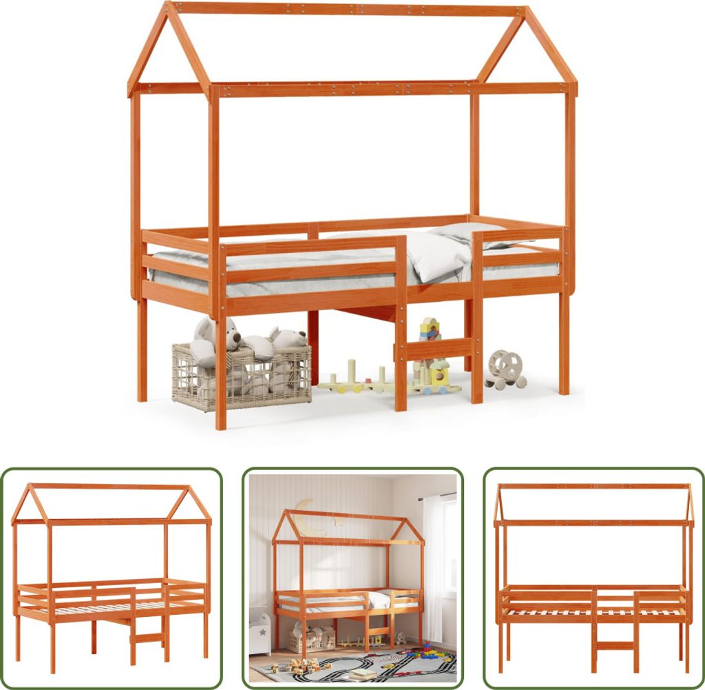 The Living Store Hochbett mit Dach Wachsbraun 75x190 cm Massivholz Kiefer