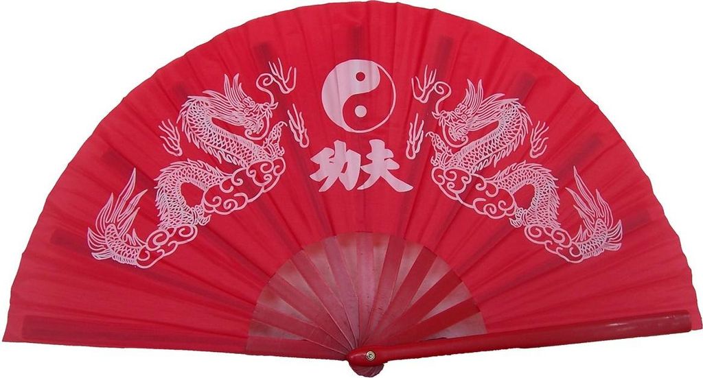 005 Tai Chi- Kung Fu Asia- Wand- Deko- Fächer Pvc rot 2 Drachen Ying Yang
