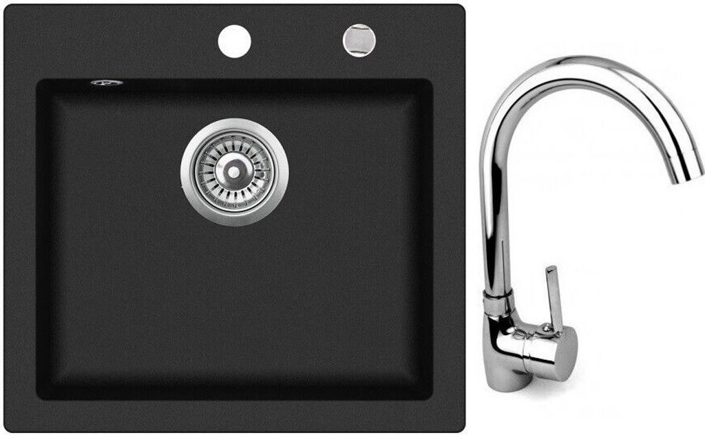 MIT ARMATUR - Rein Schwarz LINDBERGH Granit Spüle "COL44" + "1-Helia" Einbauspüle Küchenspüle Spülbecken