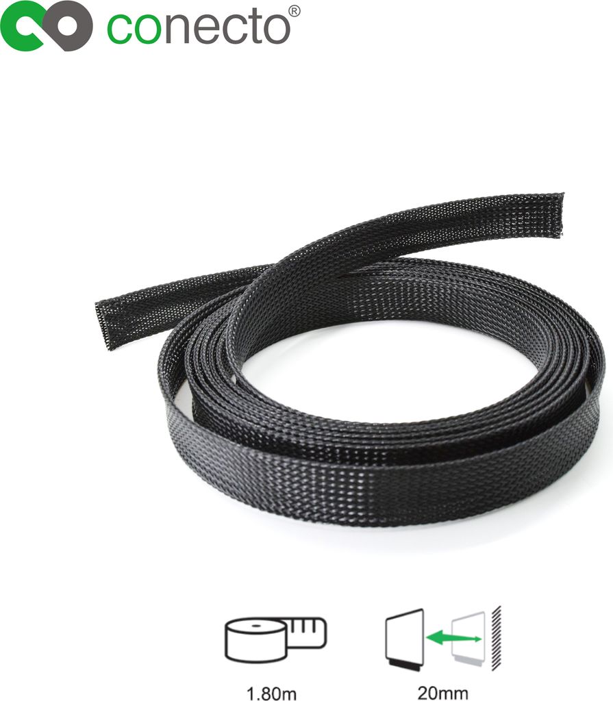 conecto CC50323 Universeller Polyester-Kabelschlauch, selbst zusammenziehend, Ø 20mm, 1,80m. schwarz