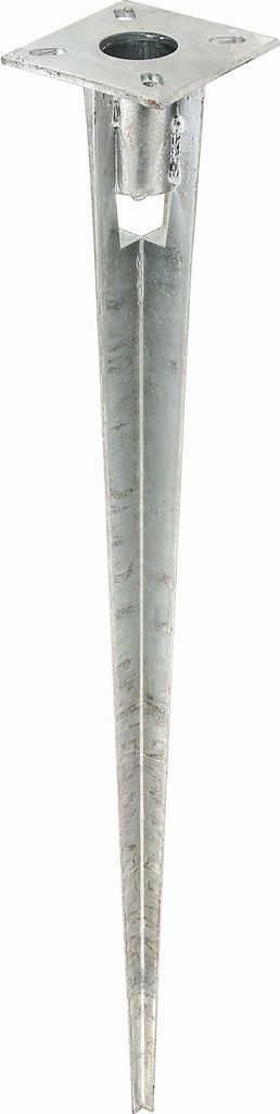 A galvanized steel ground spike for fence posts.