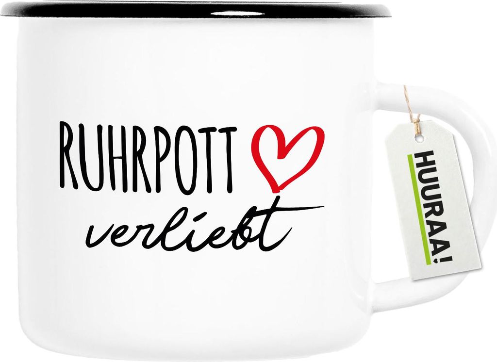 Huuraa Emaille Tasse Ruhrpott verliebt 300ml Vintage Campingbecher Geschenkidee