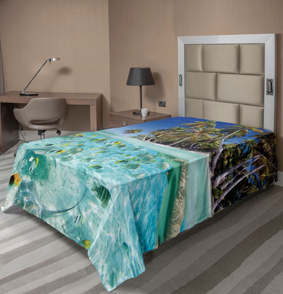 ABAKUHAUS Unterwasser- Bettlaken, Ozean Tropical Island Falter Beach Ocean exotische Sandküste mit Palmen, weiches bequemes oberes Bettlaken für ...