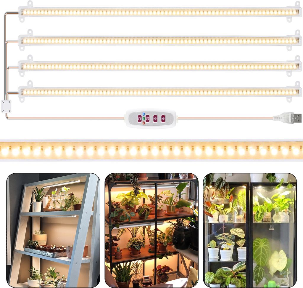 A collage of images showing LED grow lights and plants under grow lights.