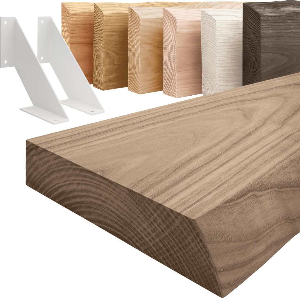 LAMO Manufaktur Wandregal Holz Baumkante | Regal Farbe: Nussbaum | mit weißem Vintage Regalträger | 80 cm