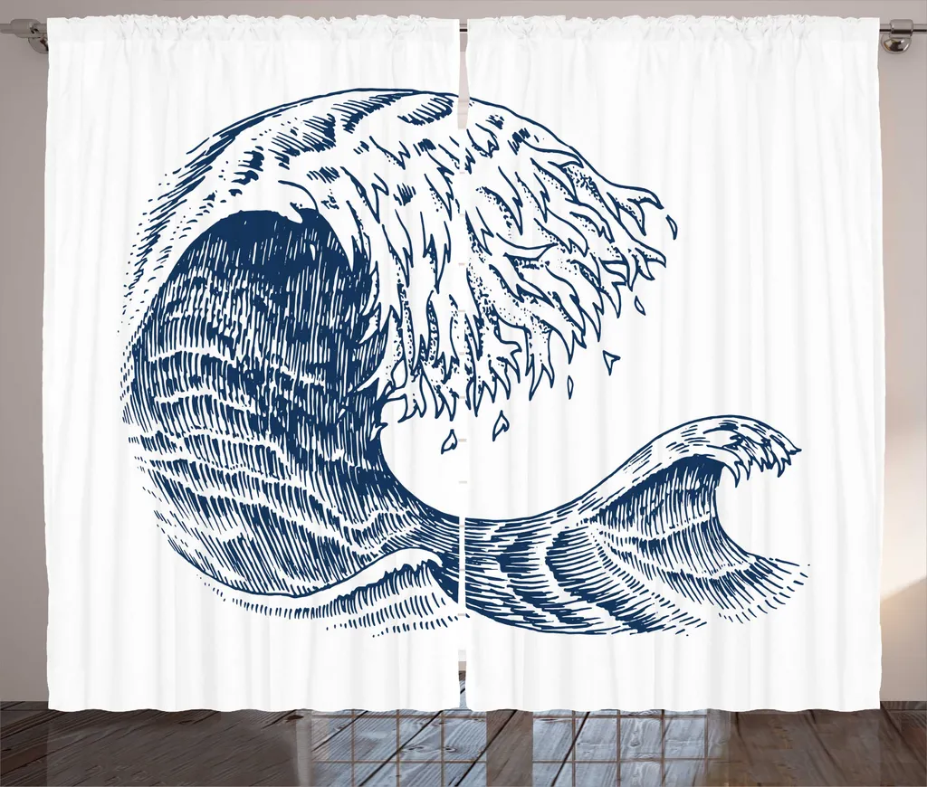 Rideau rustique ABAKUHAUS Vagues Hokusai 280x225 cm avec crochets - Bleu