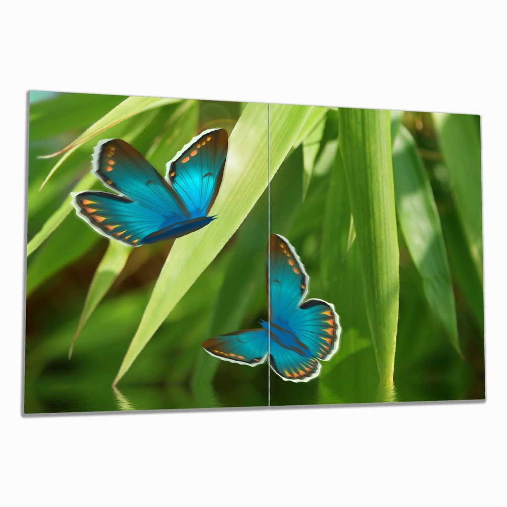Wallario Herdabdeckplatte aus Glas, Größe 80 x 52 cm 2-teilig, Motiv Schmetterlinge in Reflektion