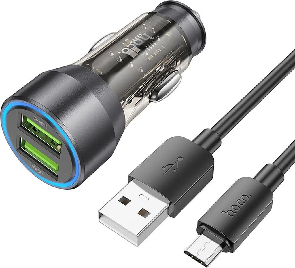 A car charger and a USB cable are displayed against a white background.