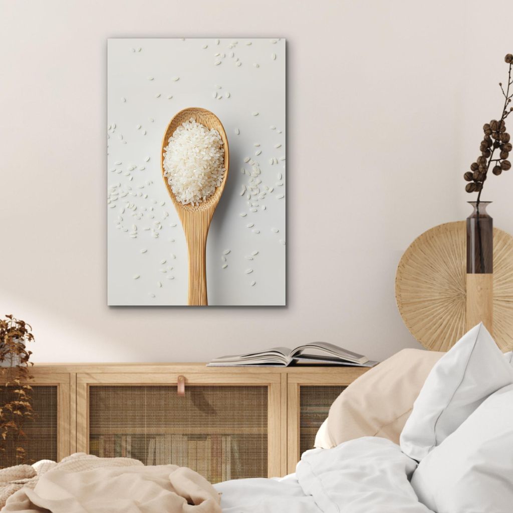 MuchoWow Wanddekoration Metall Metallbild Wandkunst 40x60 cm Holz - Löffel - Reis MuchoWow Aluminium Gemälde - Wanddekoration aus Aluminium