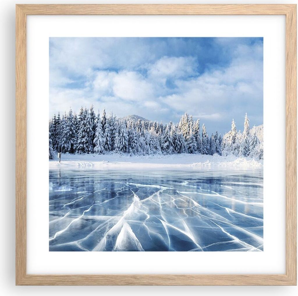 Gerahmtes Poster - Rahmen in heller Eiche - Wald Eis See - 40x40 cm - Wand Bild - Wanddeko - Wandbilder - Kunstposter - Wandposter - Bilderrahmen -...