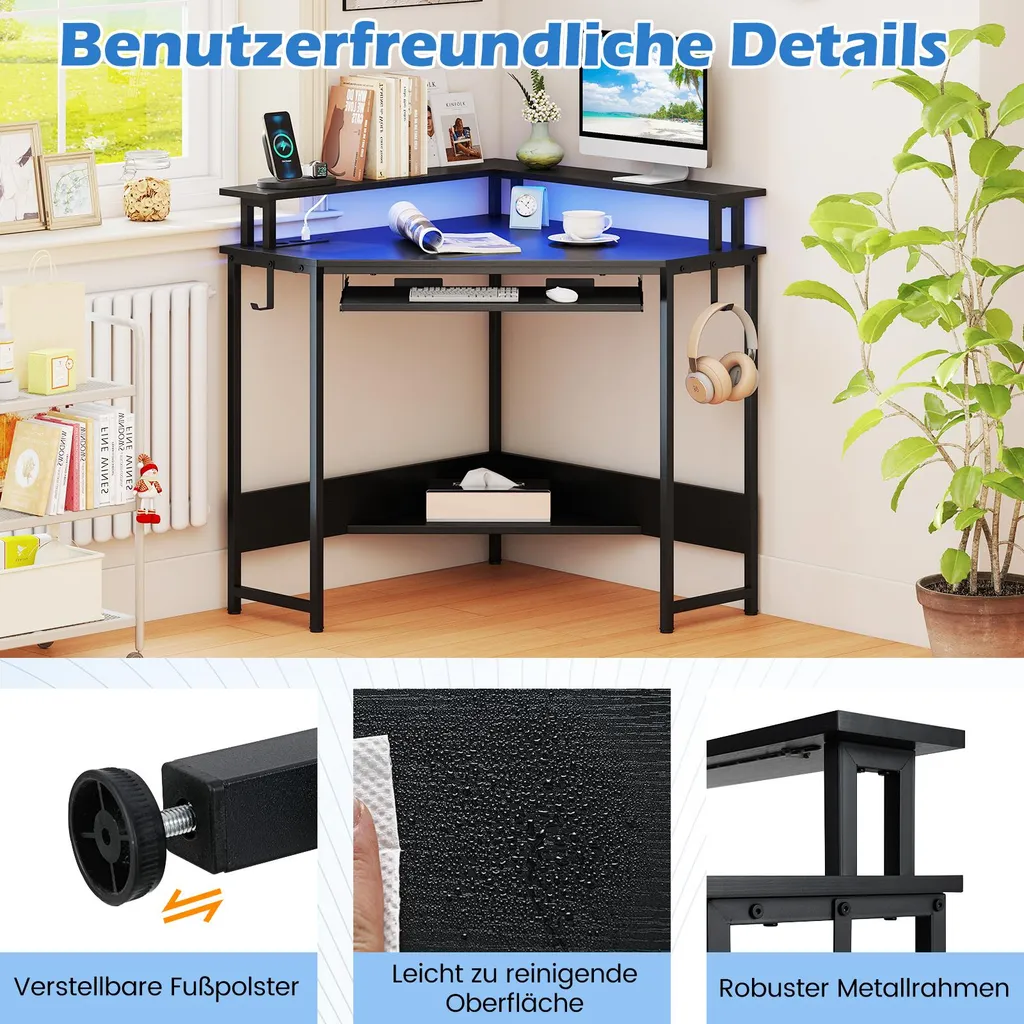 Bureau informatique LED avec tablette clavier coulissante table d'angle - 7