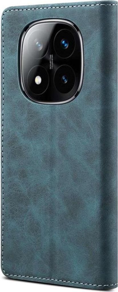 A close-up view of a blue leather flip case for a smartphone, showing the camera module area.