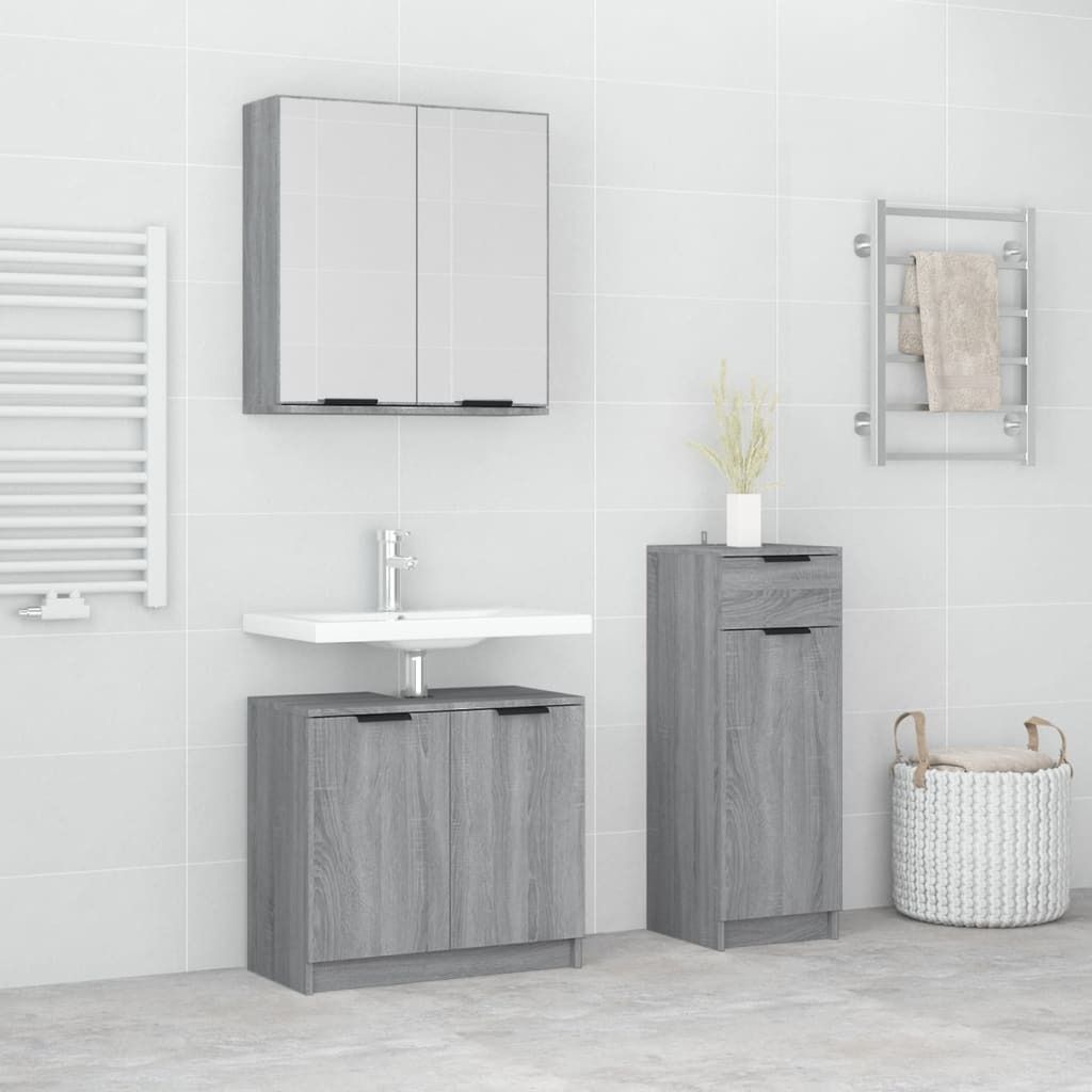 Design 3-tlg. Badmöbel-Set Grau Sonoma Holzwerkstoff, Badezimmerschränke 2024 Neu