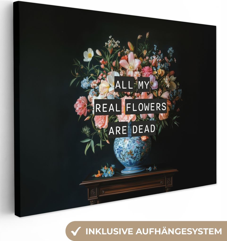 Leinwand Bilder 40x30 cm - Blumen - Vase - Zitat, Wandbilder, Wanddeko Wohnzimmer, Bild