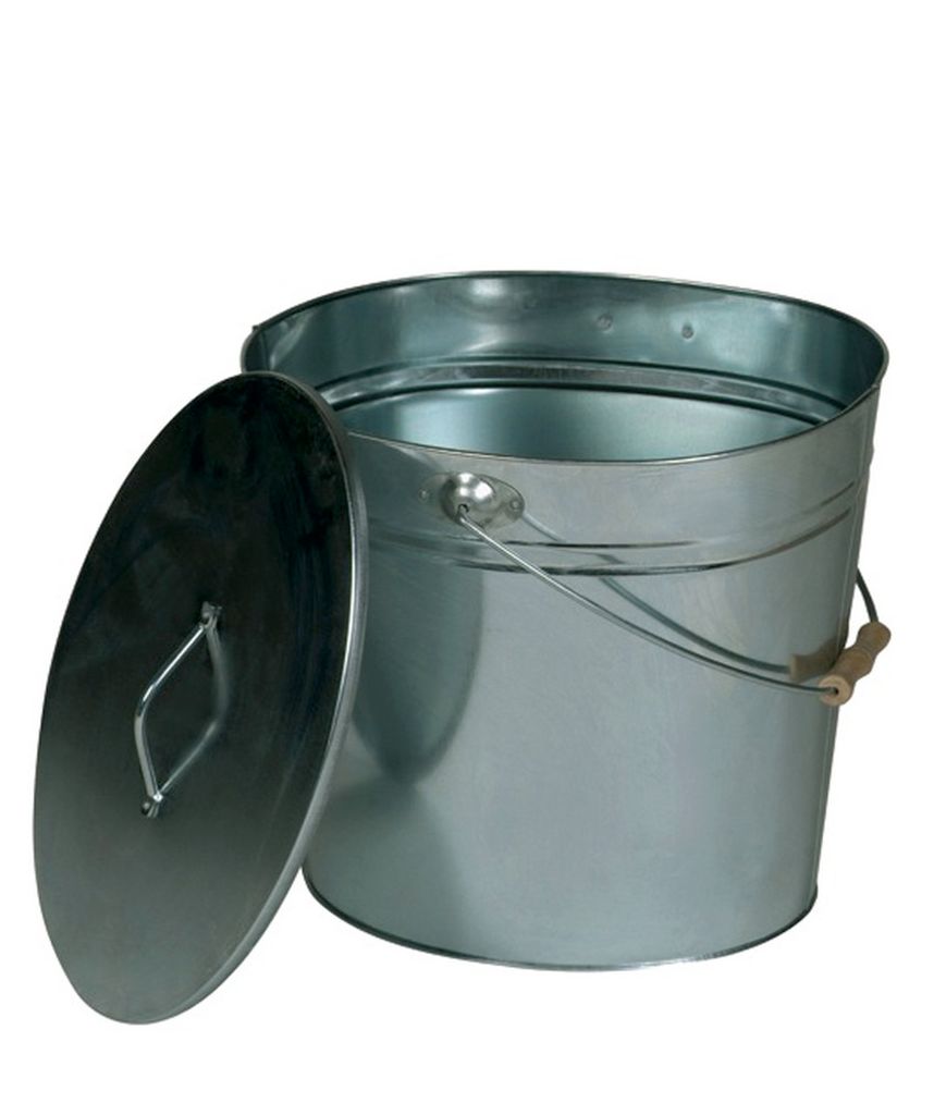 A galvanized metal bucket with its lid slightly ajar, shown against a white background.
