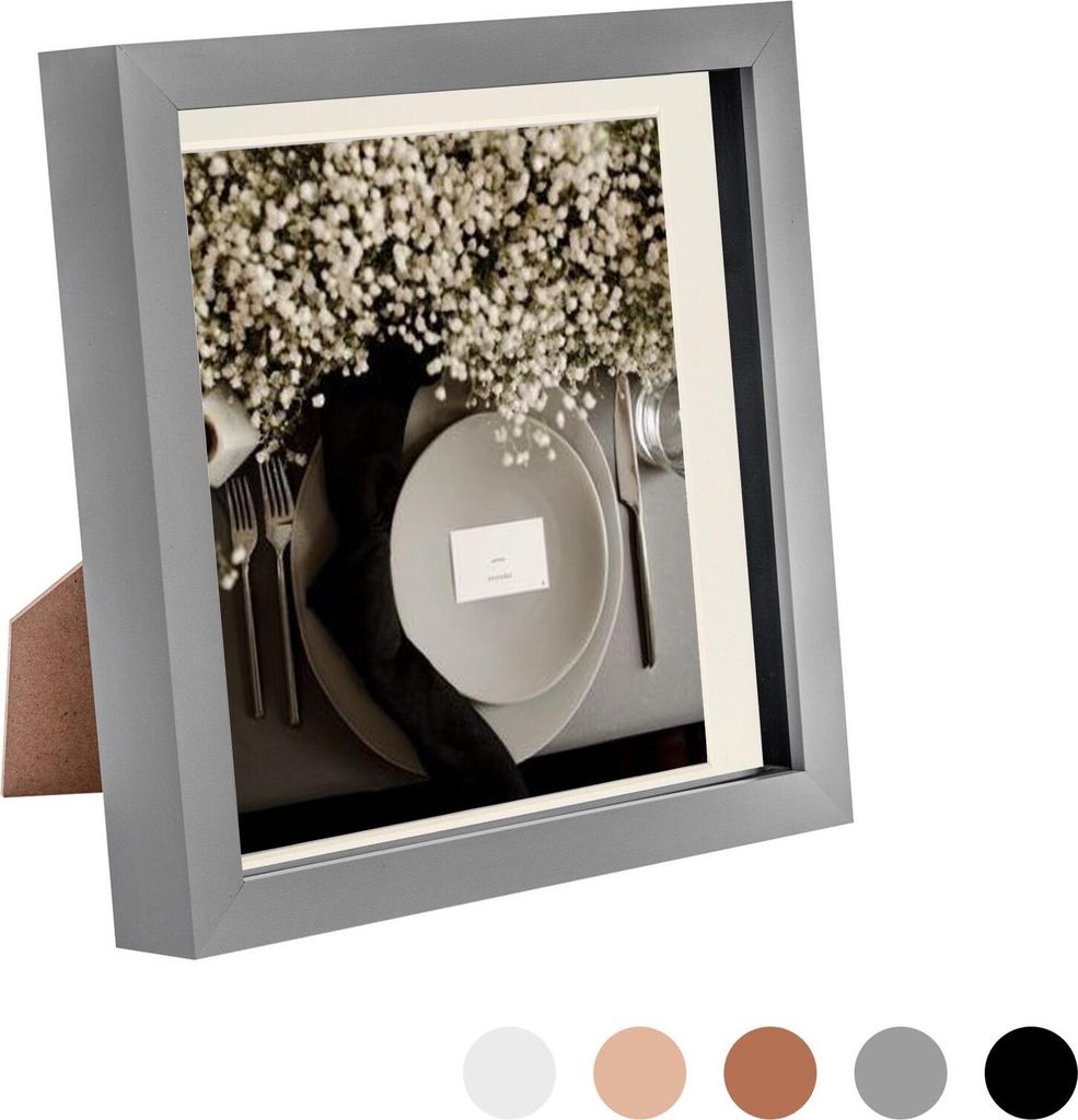 Nicola Spring 8 x 8 3D-Schatten-Kasten-Foto-Rahmen - Pop-up-Anzeige Bilderrahmen mit 6 x 6 Montage - Glas Aperture - Grau / Elfenbein