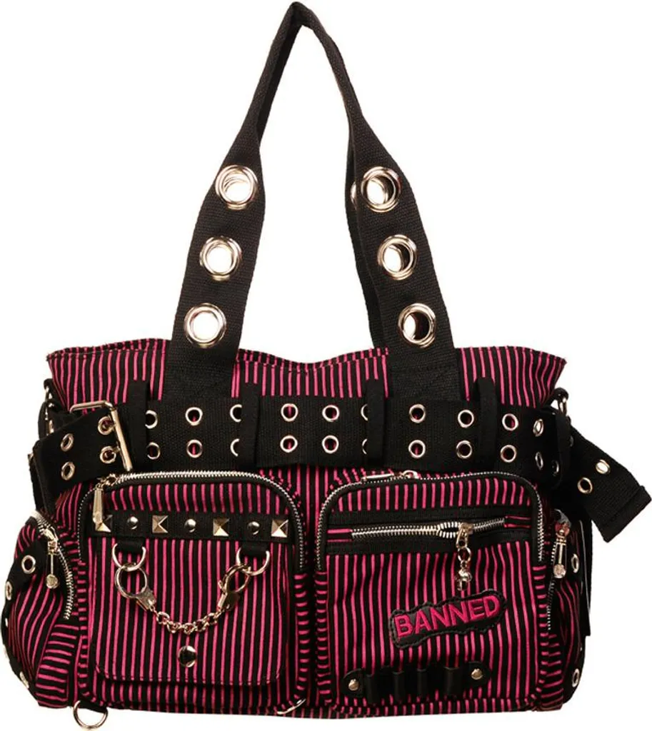 Banned Borsa a Mano Righe Nera Rossa - Tracolla Punk Goth Rockabilly