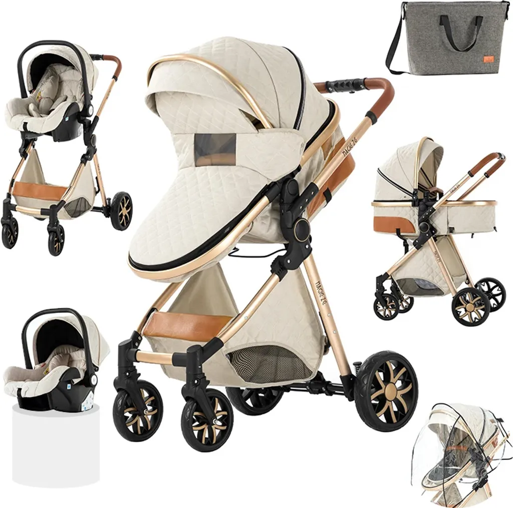 Poussette pliable légère en coton blanc luxe 3 en 1 avec amortisseurs