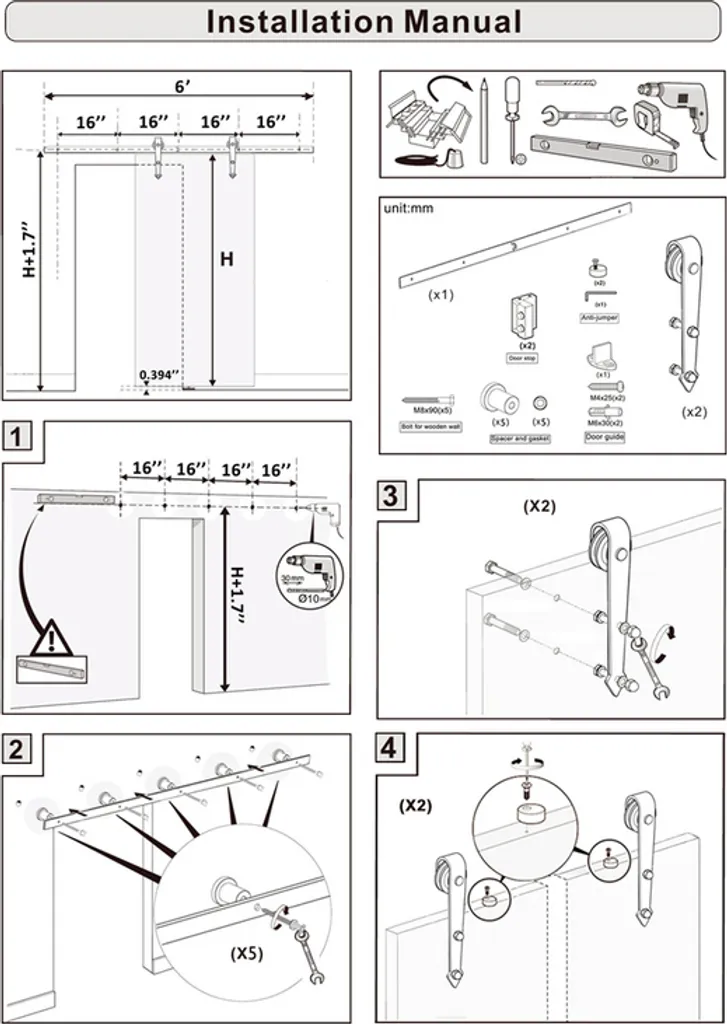 sistema di porte scorrevoli karpal Montaggio di porte scorrevoli Set di accessori per altre porte Set di montaggio per porte scorrevoli con binario (183 cm, a forma di freccia)