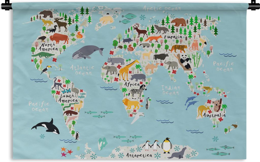 MuchoWow Wandteppich Wandbehang Weltkarte - Kinder - Tiere - Blau - Orca - Wal 150x100 cm Tapisserie Dekoration Wandtuch - Waschbar - Tapisserien...