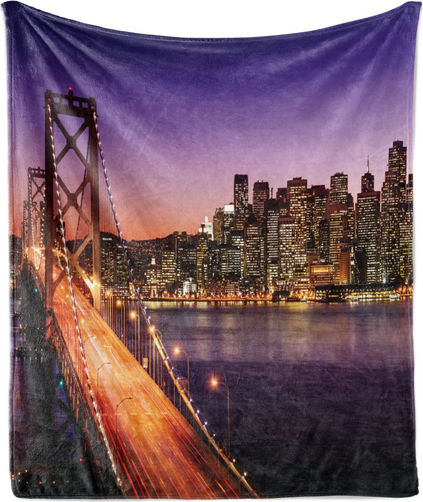 ABAKUHAUS Stadtansicht Weich Flanell Fleece Decke, Stadt in der Nacht Brücke am Fluss Wolkenkratzer Städte USA Themen Wasser Kunstdruck, 175 x 23...