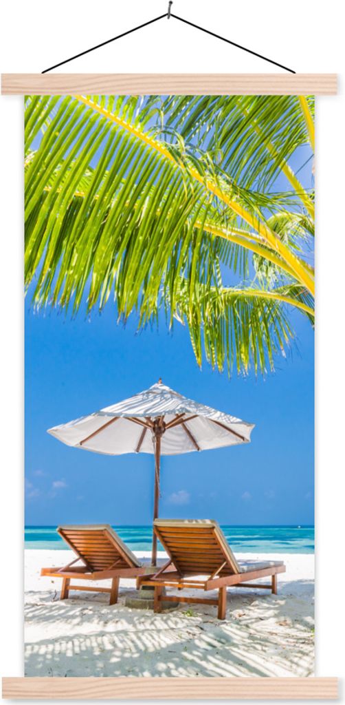MuchoWow Textilposter Palme - Strandkorb - Sonnenschirm 60x120 cm mit holzfarbenen Rahmen - Holz