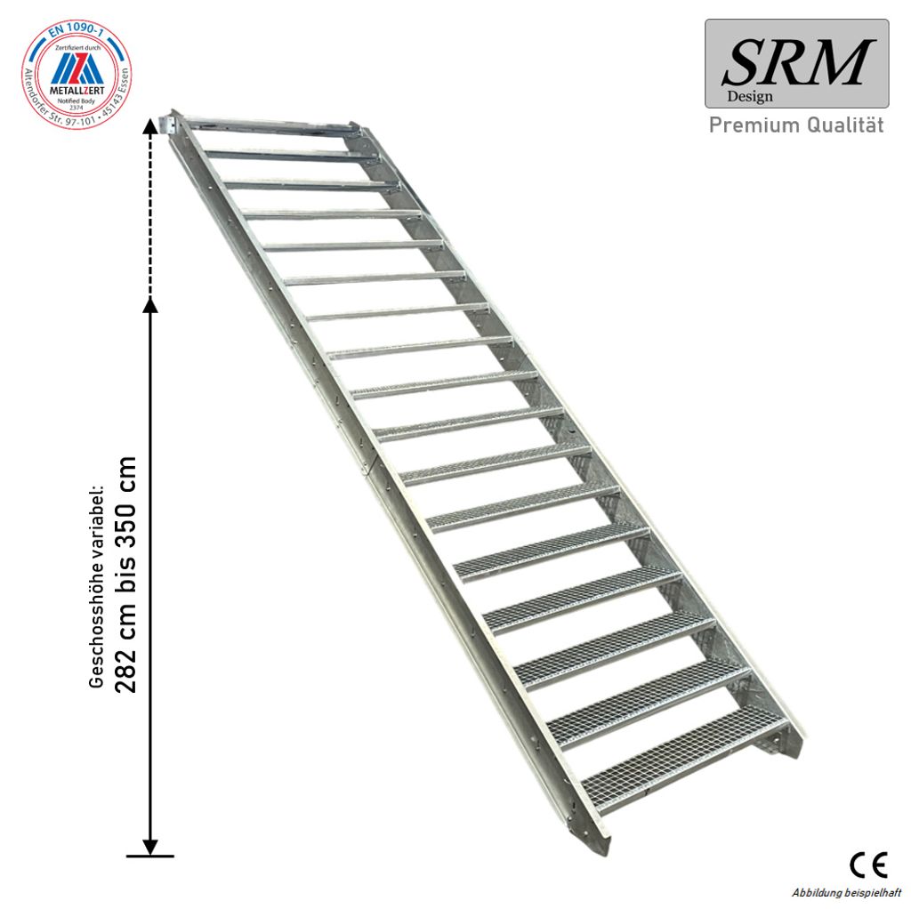 17 Stufen Stahltreppe Breite: 140 cm Geschosshöhe 282-350cm inkl. Zubehör