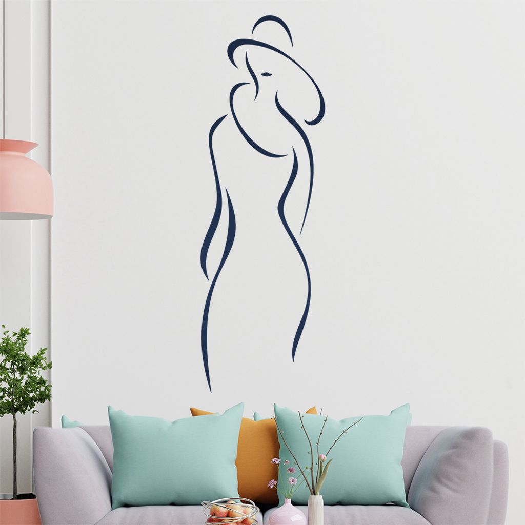 Dame mit Hut - Linien Wandtattoo in 6 Größen - Wandaufkleber Wall Sticker - Dekoration, Küche, Wohnzimmer, Schlafzimmer, Badezimmer