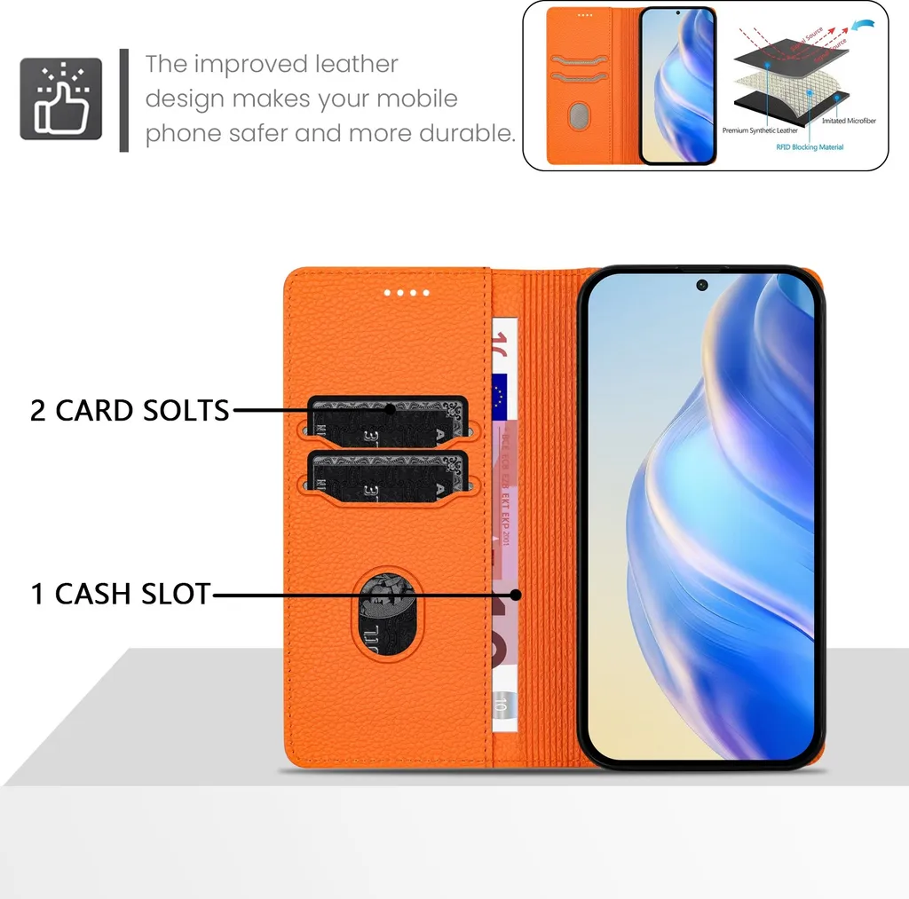 Cover Elegante Realme 10 Pro+ in Pelle Arancione con Slot Carte e Stand - 5