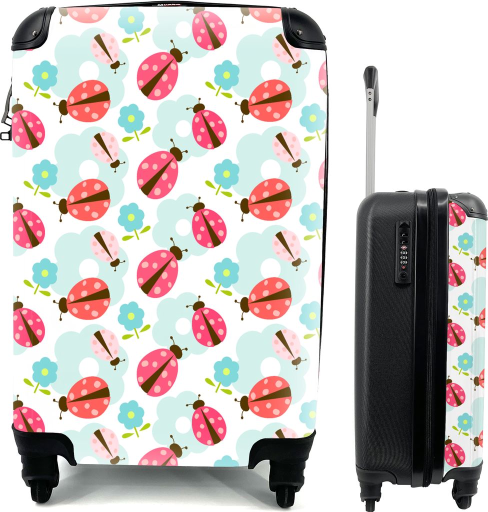 MuchoWow MuchoWow Koffer Handgepäck Trolley Rollkoffer Kleine Reisekoffer mit 4 Rollen - Mädchen - Marienkäfer - Blumen - Muster - Mädchen ...