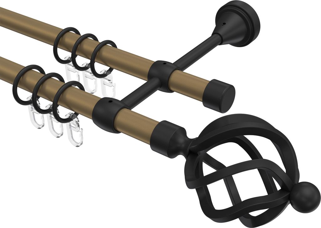 Interdeco Gardinenstange / Vorhangstange Gold matt / Schwarz, Typ Primus Paolo (Schmiedekugel), 16 mm Ø 2-läufig, 240 cm