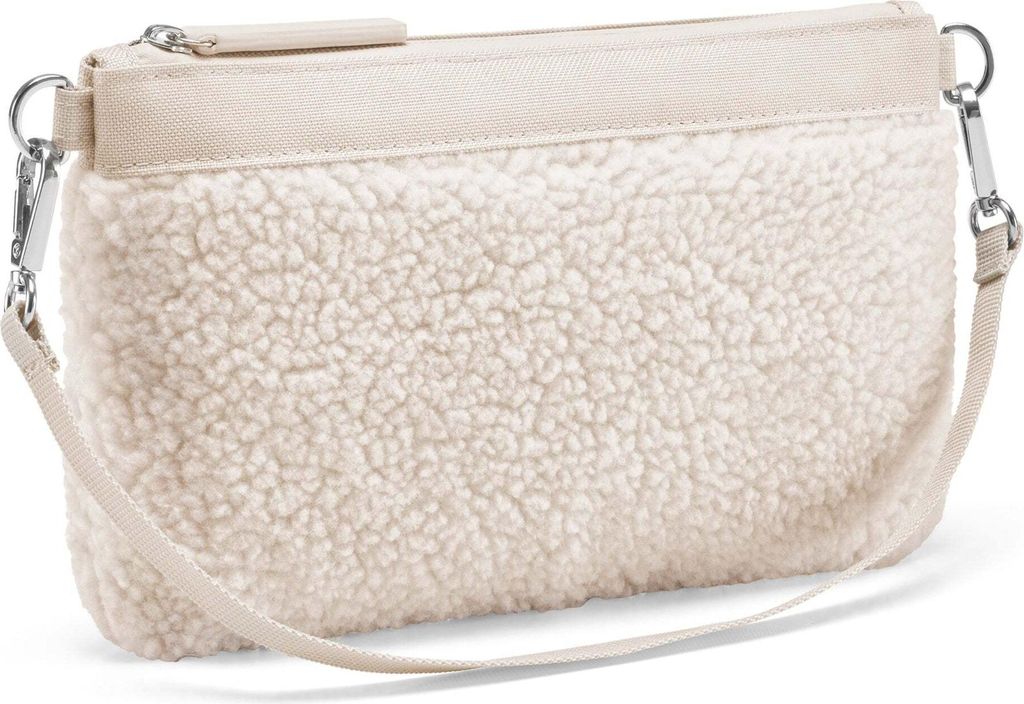 A fluffy cream-colored pouch with a beige fabric band across the top and a beige strap. The pouch is shown at an angle against a white background.