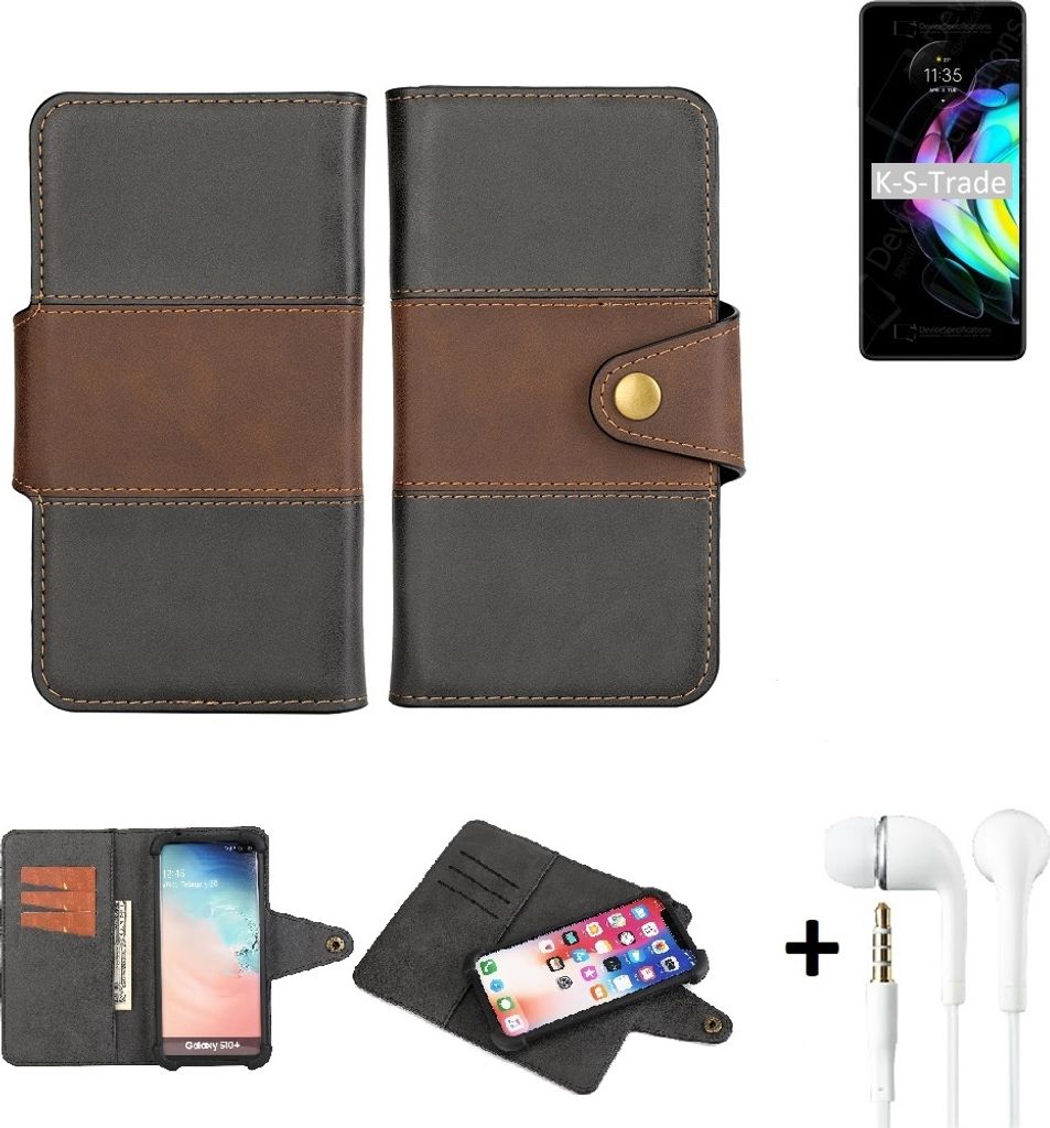 K-S-Trade Handyhülle Schutzhülle Bookstyle Wallet-Case kompatibel mit Motorola Edge 20 + earphones Bumper rundumschutz schwarz-braun 1x