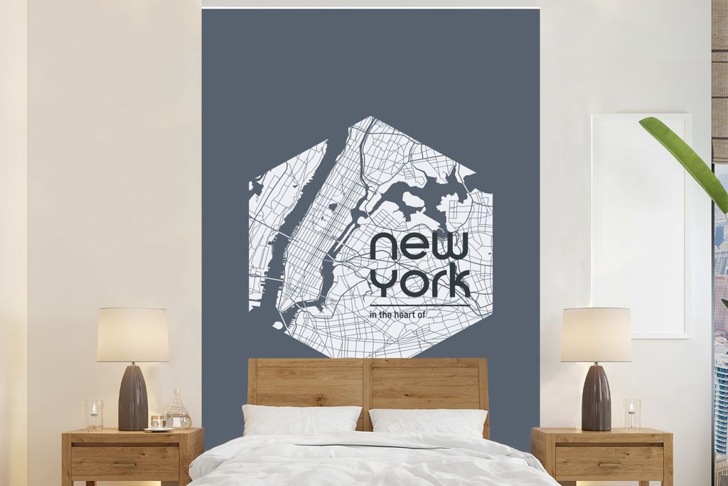 MuchoWow Fototapete für Wohnzimmer oder Schlafzimmer Wandtapete Vinyl Motivtapete New York - Karte - Fluss - 160x240 cm - Vinyltapete
